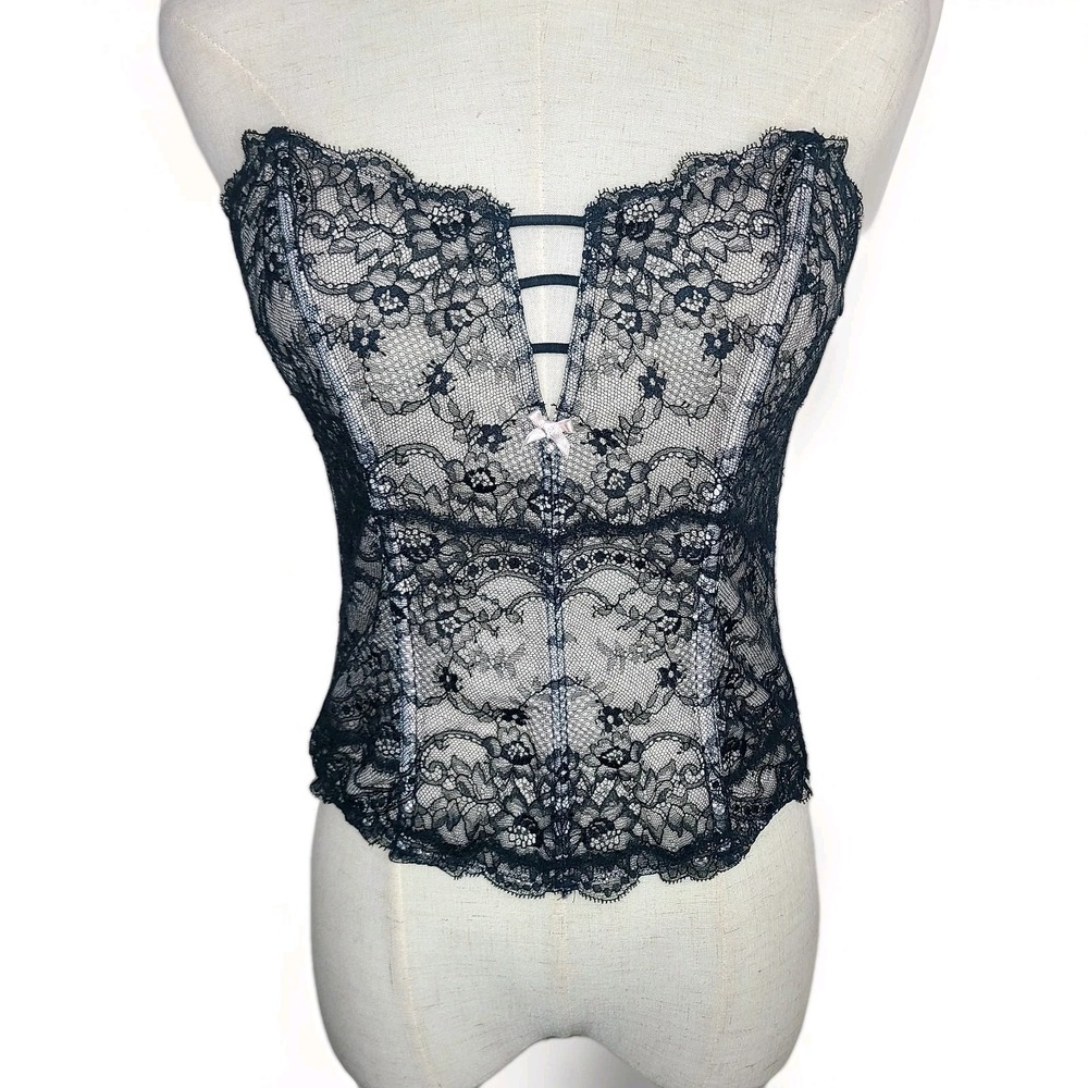 Victoria's Secret Corset Bustier Black Lace Luned Semi Sheer Boning Side Zip M